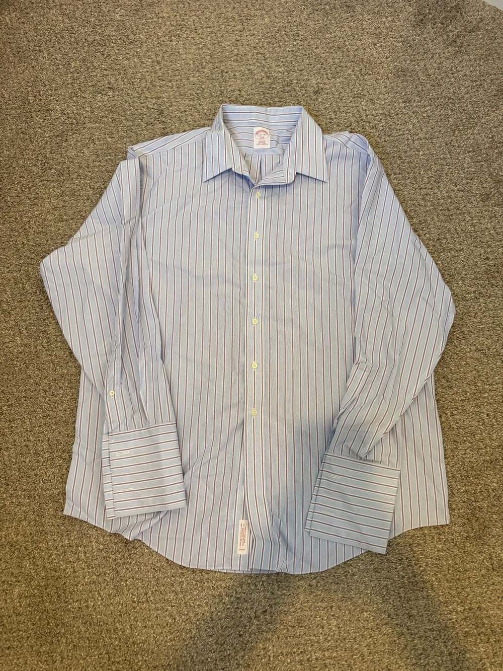 BROOKS BROTHERS Striped Blue White Cotton Button Up Shirt French Cuffs 17.5 - 36